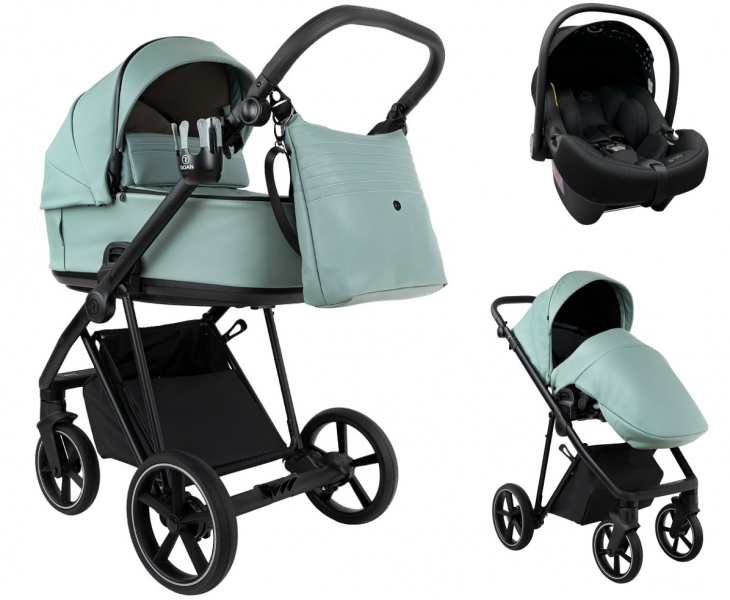 Детская коляска Roan Sol Vintage Leather 2.0 3 в 1 с автокреслом Tutis Elo Lux Edusky Black SL/13/L Misti Mint/Grey/руч. Серый