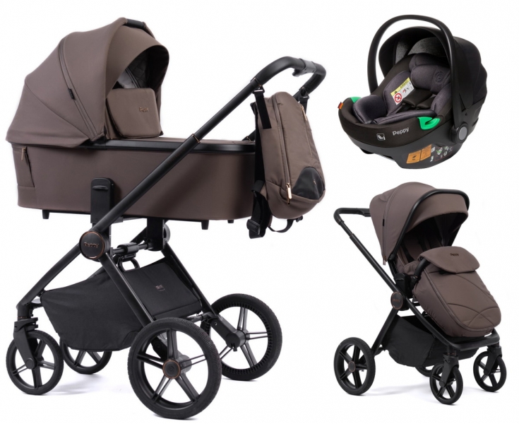 Детская коляска Peppy Monaco 3 в 1 с автокреслом First Brownie коричневый, рама черная