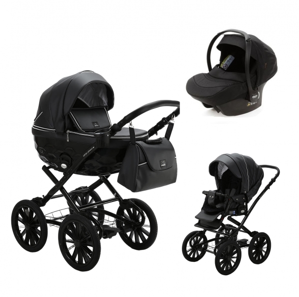 Детская коляска Adamex Chantal Retro Deluxe 3 в 1 C114 (ЧЕРНАЯ 100% КОЖА)