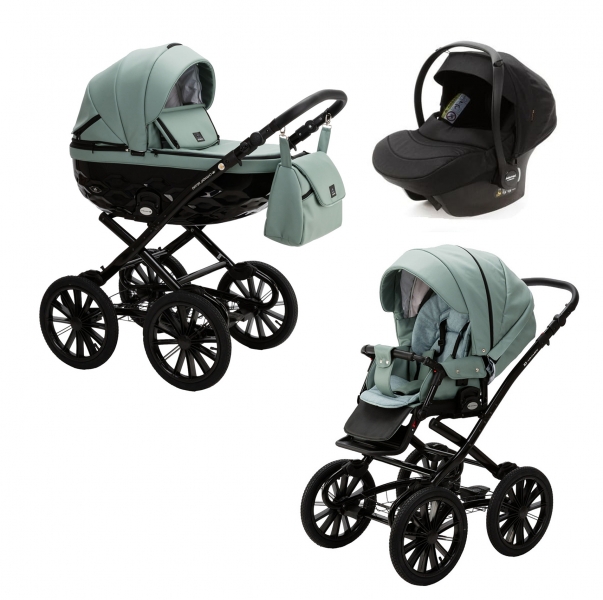 Детская коляска Adamex Chantal Retro Deluxe 3 в 1 C-SA20 (СЕРО-ЗЕЛЕНАЯ КОЖА)