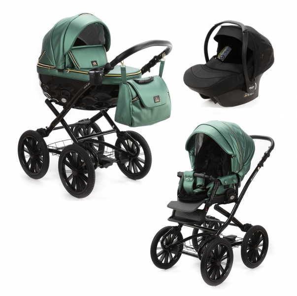 Детская коляска Adamex Chantal Retro Deluxe 3 в 1 C105B (ИЗУМРДНАЯ 100% КОЖА-ЗОЛОТЫЕ МОЛНИИ)
