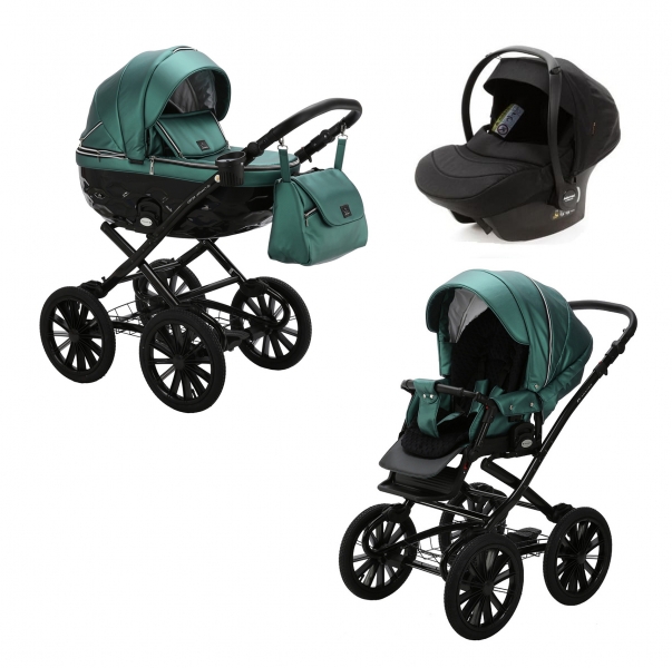 Детская коляска Adamex Chantal Retro Deluxe 3 в 1 C105A (ИЗУМРДНАЯ 100% КОЖА-ХРОМ МОЛНИИ)