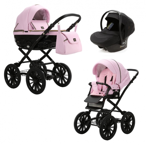 Детская коляска Adamex Chantal Retro Deluxe 3 в 1 C132B (РОЗОВ.ЗЕФИР 100% КОЖА-ЗОЛОТО.МОЛНИИ)