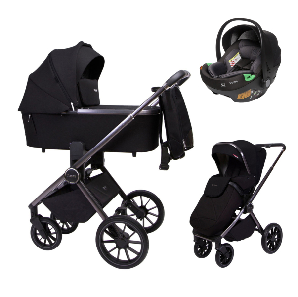 Детская коляска Peppy Monaco 3 в 1 с автокреслом First Brilliant black (черный), рама черный глянец
