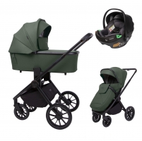 Детская коляска Peppy Monaco 3 в 1 с автокреслом First Oliva Green (зеленый), рама черная
