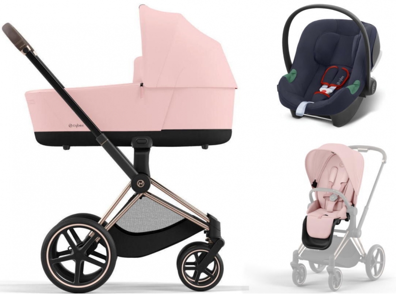 Коляска 3 в 1 Cybex Priam IV Rosegold и автокресло Aton B2 i-Size Peach Pink/Bay Blue