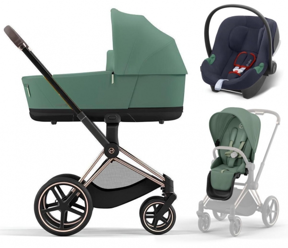 Коляска 3 в 1 Cybex Priam IV Rosegold и автокресло Aton B2 i-Size Leaf Green/Bay Blue