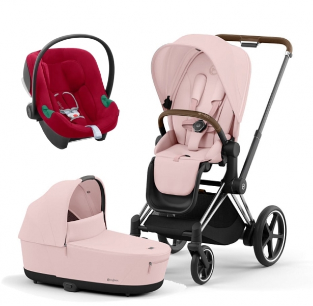 Коляска 3 в 1 Cybex Priam IV Chrome Brown и автокресло Aton B2 i-Size Dynamic Red Peach Pink