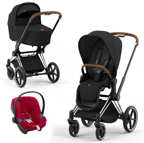 Коляска 3 в 1 Cybex Priam IV Chrome Brown и автокресло Aton B2 i-Size Dynamic Red Sepia Black