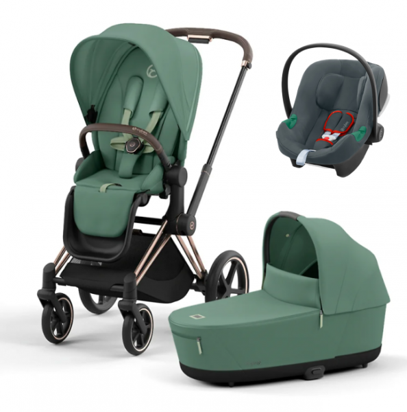 Коляска 3 в 1 Cybex Priam IV Rosegold и автокресло Aton B2 i-Size Leaf Green/Steel Grey