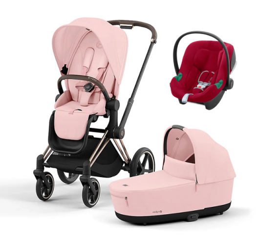 Коляска 3 в 1 Cybex Priam IV Rosegold и автокресло Aton B2 i-Size Peach Pink/Dynamic Red