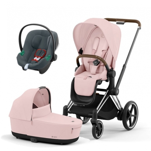 Коляска 3 в 1 Cybex Priam IV Chrome Brown и автокресло Aton B2 i-Size Steel Grey Peach Pink