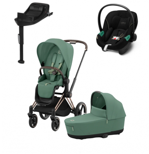 Коляска 3 в 1 Cybex Priam IV Rosegold и автокресло Aton S2 i-Size с базой Base One Leaf Green/Moon Black