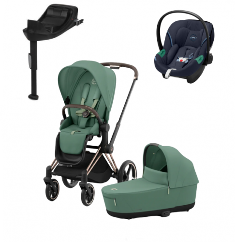 Коляска 3 в 1 Cybex Priam IV Rosegold и автокресло Aton S2 i-Size с базой Base One Leaf Green/Ocean Blue