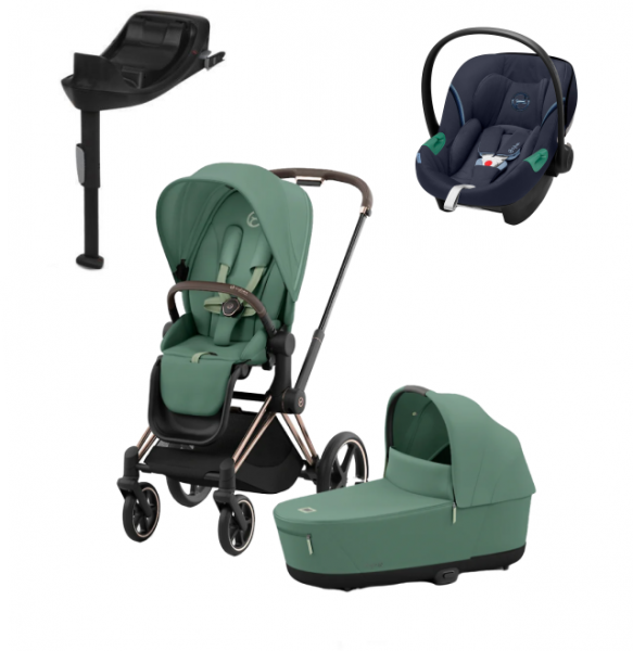 Коляска 3 в 1 Cybex Priam IV Rosegold и автокресло Aton S2 i-Size с базой Base One Leaf Green/Ocean Blue