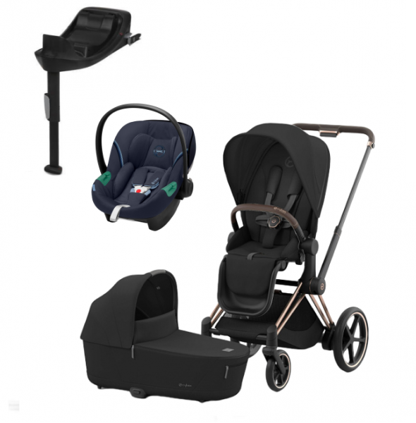 Коляска 3 в 1 Cybex Priam IV Rosegold и автокресло Aton S2 i-Size с базой Base One Sepia Black/Ocean Blue