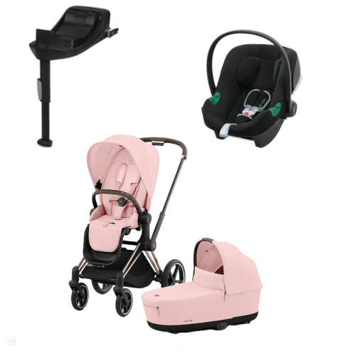 Коляска 3 в 1 Cybex Priam IV Rosegold и автокресло Aton S2 i-Size с базой Base One Peach Pink/Moon Black