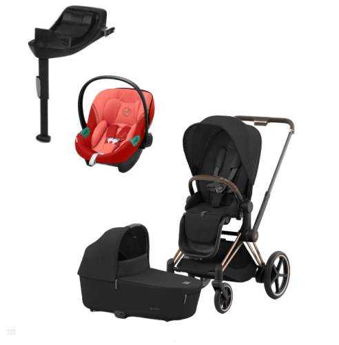 Коляска 3 в 1 Cybex Priam IV Rosegold и автокресло Aton S2 i-Size с базой Base One Sepia Black/Hibiscus Red