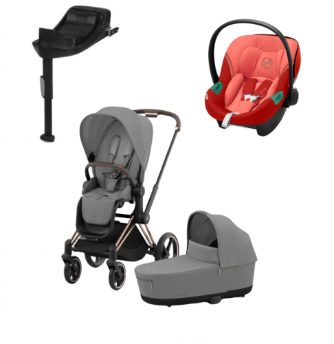 Коляска 3 в 1 Cybex Priam IV Rosegold и автокресло Aton S2 i-Size с базой Base One Mirage Grey/Hibiscus Red