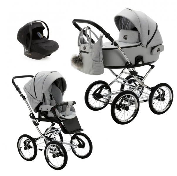 Детская коляска Adamex Porto Retro 3 в 1 PO-PS11 (СВ.СЕРЫЙ+СВ.СЕРАЯ КОЖА)
