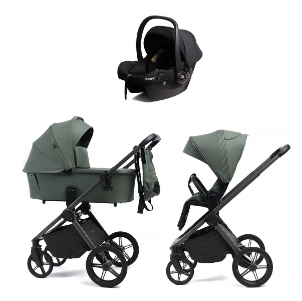 Детская коляска Peppy Monaco 3 в 1 с автокреслом Rise Black Oliva Green (зеленый), рама серая 2026