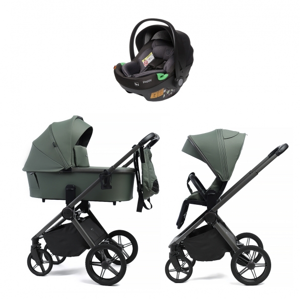 Детская коляска Peppy Monaco 3 в 1 с автокреслом First Oliva Green (зеленый), рама черная