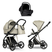 Детская коляска Roan Sol 2.0 Vintage Luxury Leather 3 в 1 с автокреслом Tutis Elo Lux EduSky Black VEGA11DB Almond Sugar /Champagne/руч.Champagne