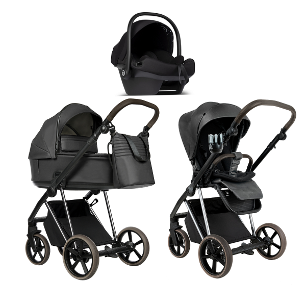 Детская коляска Roan Sol Vintage Luxury Leather 3 в 1 с автокреслом Tutis Elo Lux EduSky Black VEGA99DB Woodland Gray/Nickel/руч.Cappuccino