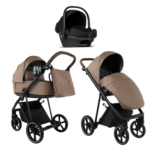 Детская коляска Roan Sol Vintage Leather 2.0 3 в 1 с автокреслом Tutis Elo Lux Edusky Black SL/11/L Camel/Black/руч.Тем.коричневый