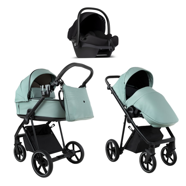 Детская коляска Roan Sol Vintage Leather 2.0 3 в 1 с автокреслом Tutis Elo Lux Edusky Black SL/13/L Misti Mint/Grey/руч. Серый