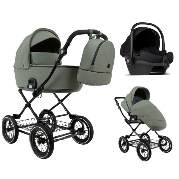 Детская коляска Roan Bass Next Classic 2.0 d12 3 в 1 с автокреслом Tutis Elo Lux EduSky Black BNC/82/2 Sage Green/Black/руч.Black