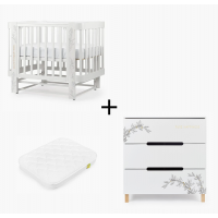 Комплект: детская кроватка-трансформер Happy baby Mommy love + комод Happy Baby Fioki белый + матрас 100 x 70