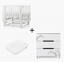 Комплект: детская кроватка-трансформер Happy baby Mommy love + комод Happy Baby Fioki белый + матрас 100 x 70