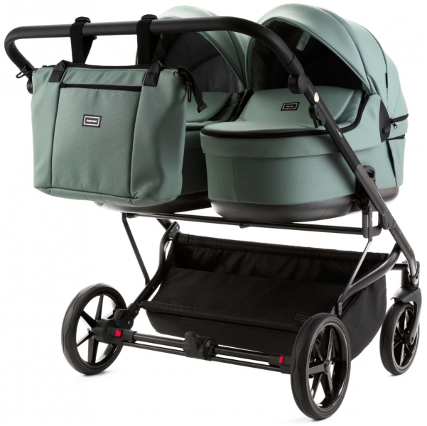 Детская коляска для двойни Adamex Leo Duo Deluxe 2 в 1 DUO-SA20 (СЕРО-ЗЕЛЁНАЯ КОЖА)
