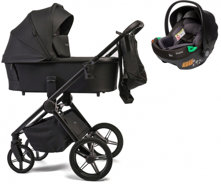 Детская коляска Peppy Monaco 3 в 1 с автокреслом First Black (черный), рама черная матовая
