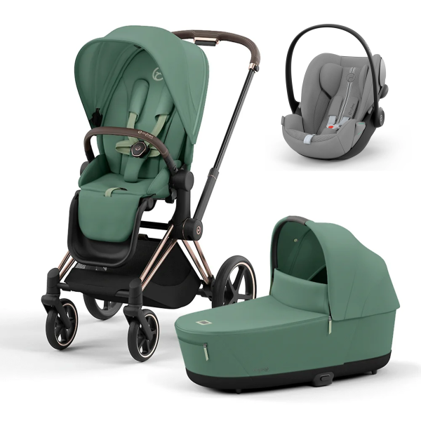 Коляска 3 в 1 Cybex Priam IV Rosegold и автокресло Cloud G i-Size Stone Grey Leaf Green
