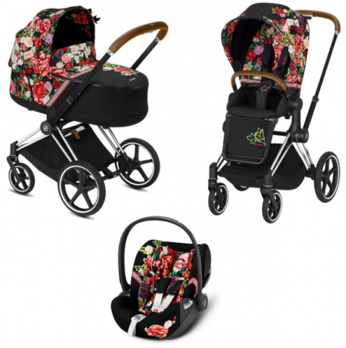 Коляска 3 в 1 Cybex Priam III Spring Blossom шасси Chrome Brown, Dark (Темный)