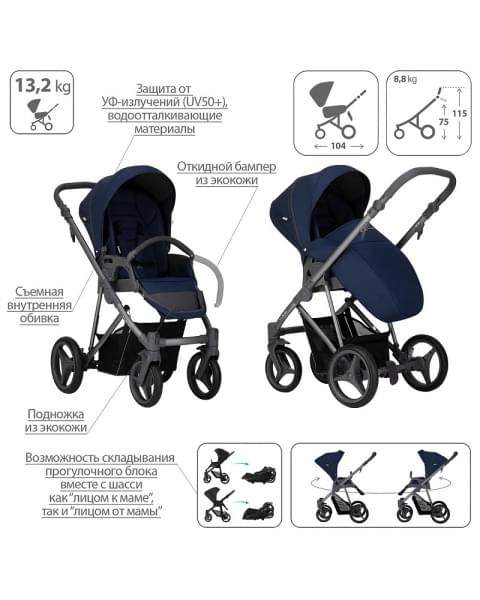 Детская коляска Bebetto Flavio 2 в 1 02 синий серая рама