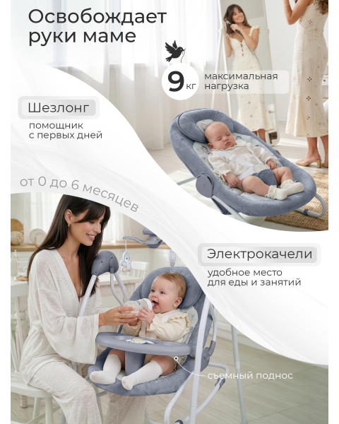 Электрокачели 2в1 Sweet Baby Pure Pinguino Grigio