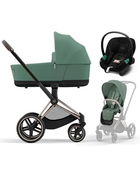 Коляска 3 в 1 Cybex Priam IV Rosegold и автокресло Aton S2 i-Size с базой Base One Leaf Green/Moon Black