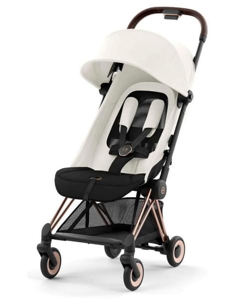 Прогулочная коляска Cybex Coya Off White с дождевиком и бампером/Rosegold