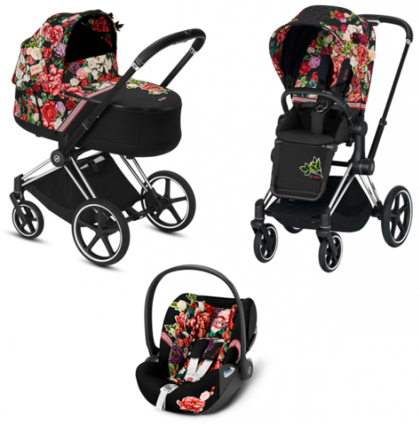 Коляска 3 в 1 Cybex Priam III Spring Blossom шасси Chrome Black, Dark (Темный)