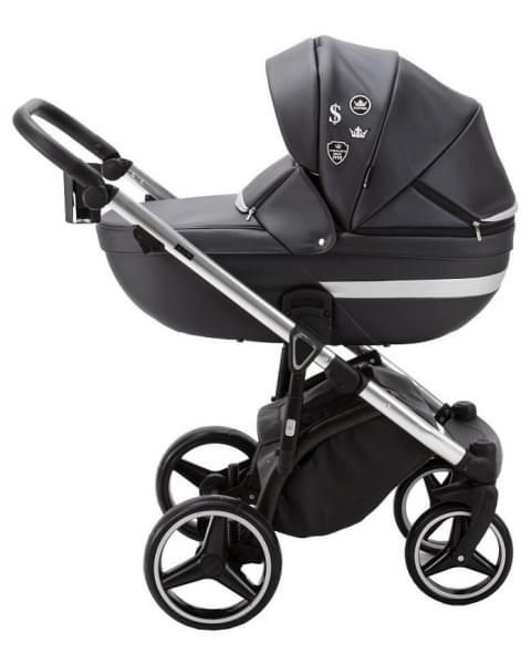 Детская коляска Adamex Cortina Deluxe 2 в 1 CT334 (ЧЕРН.КОЖА+СЕРЕБ.ОТДЕЛКА+ ХРОМ РАМА)