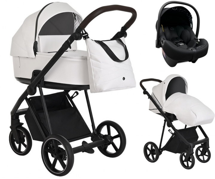 Детская коляска Roan Sol Кожа 3 в 1 с автокреслом Tutis Elo Lux EduSky Black RSL/2024 White/Black/руч.Тем.коричневый