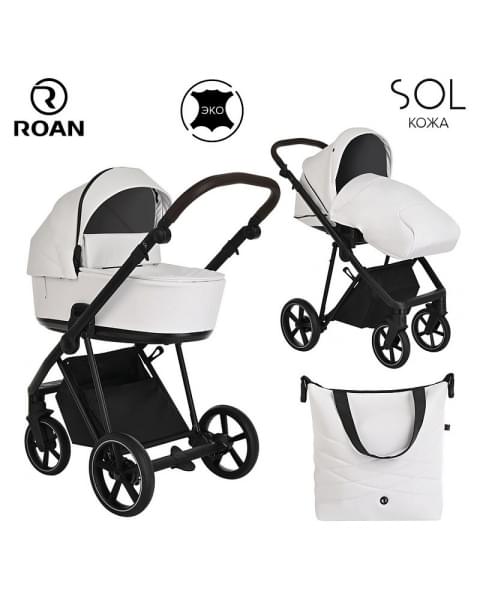 Детская коляска Roan Sol Кожа 3 в 1 с автокреслом Tutis Elo Lux EduSky Black RSL/2024 White/Black/руч.Тем.коричневый