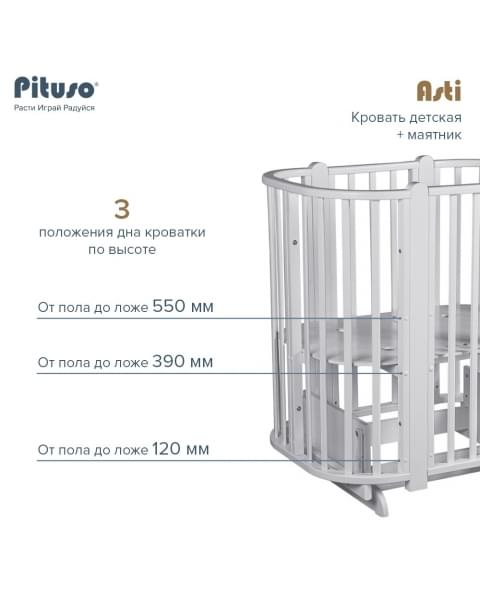 Детская кровать-трансформер Pituso Asti 5 в 1 (маятник поперечный), Белый / Белый