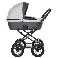 Коляска-люлька Pituso Leticia Classic / колеса d12, Узор White + Black + Кожа New Grey (Белый / Черный / Серый)