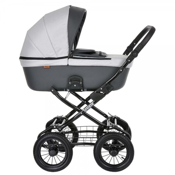 Коляска-люлька Pituso Leticia Classic / колеса d12, Узор White + Black + Кожа New Grey (Белый / Черный / Серый)