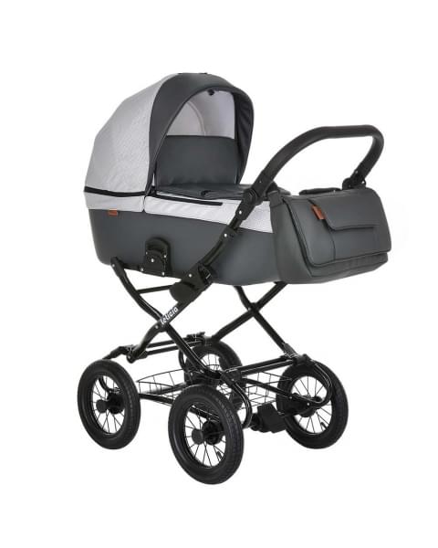 Коляска-люлька Pituso Leticia Classic / колеса d12, Узор White + Black + Кожа New Grey (Белый / Черный / Серый)