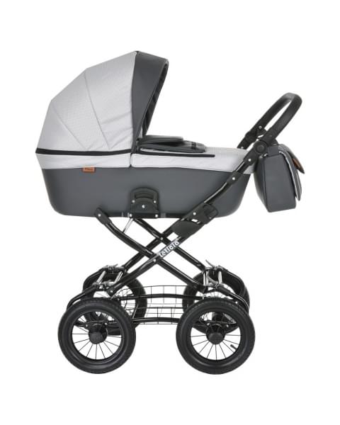 Коляска-люлька Pituso Leticia Classic / колеса d12, Узор White + Black + Кожа New Grey (Белый / Черный / Серый)